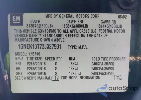 2002 Chevrolet Tahoe Lt z USA, uszkodzony, nr VIN 1GNEK13T72J327981